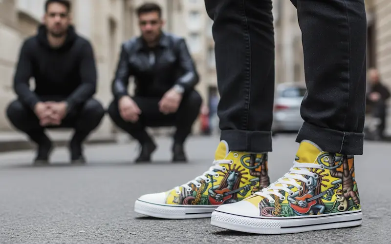 A close up of vibrant AOP Sneakers. The latest reggae fashion trend