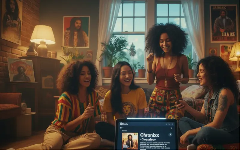 Diverse Gen Z women in a student dorm discovering Chronixx's Conscious Reggae fusion via a streaming app